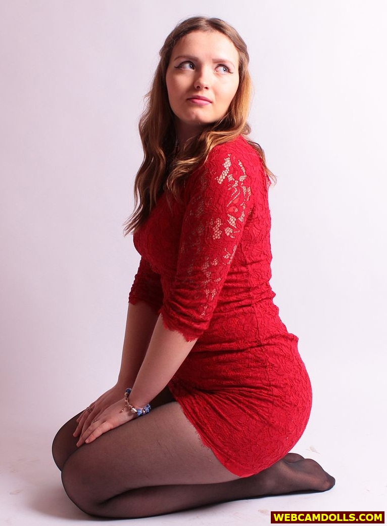 Young BBW in Black Sheer Pantyhose and Red Lace Dress on Webcamdolls